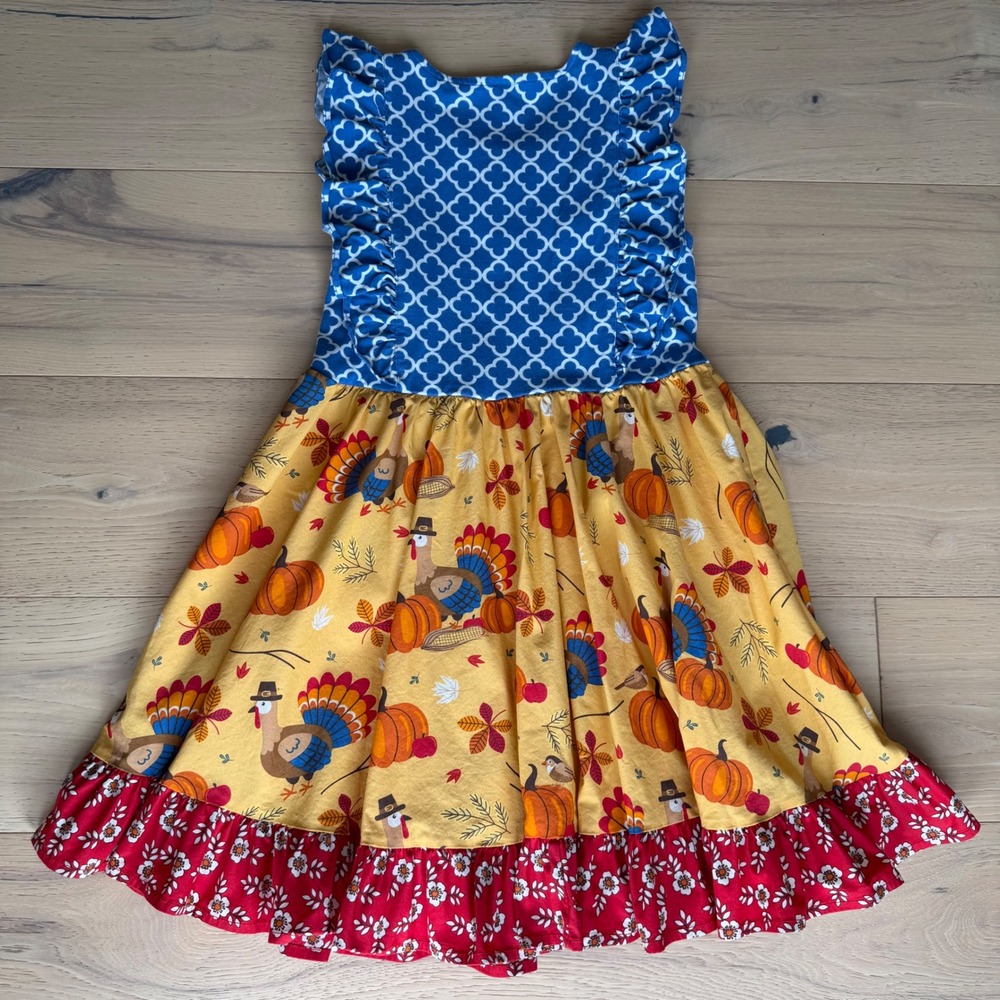 Eleanor Rose Girls Thanksgiving Turkey Pumpkin Ruffle Dress Blue Yellow Red Sz 8 - Picture 5 of 6